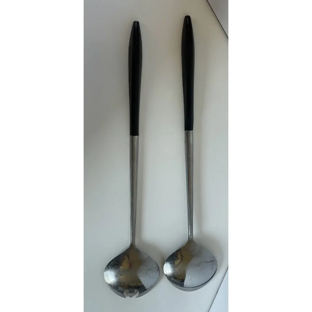 Kingston Salad Serving Set 12.5in Silver Black Good MCM Stainless Japan
